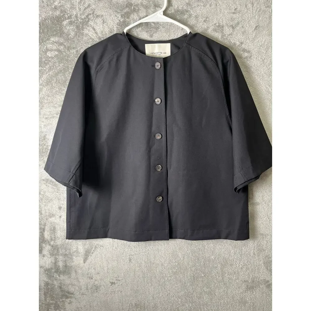 LAFAYETTE 148 Stretch Twill Collarless Shirt Jacket Black Small Chic Minimalist